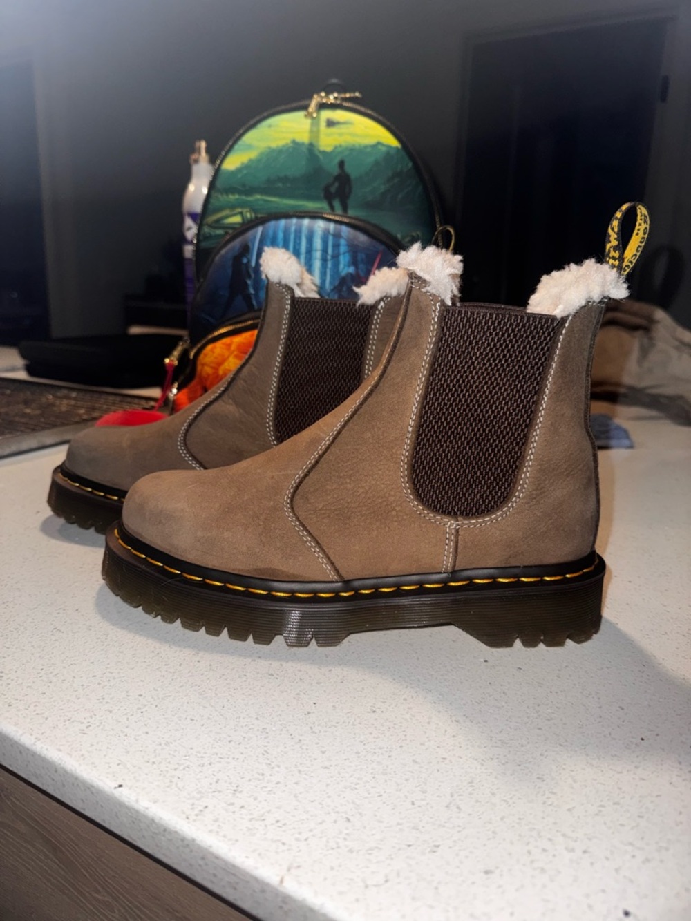 Dr. Martens Taupe Suede Chelsea Boots with Shearling Trim